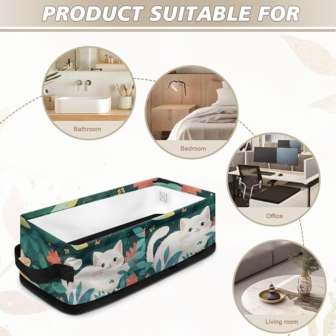 Small Bathroom Storage Basket Narrow Storage Bins Fabric Organizer Rectangular Bedroom Essentials Storage Container for Home Office Organization, White Cat Flower Green Leaves