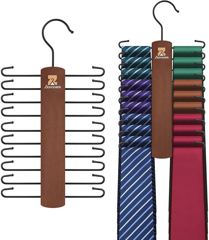 ZEDODIER 2 Packe Wooden Tie Rack, Tie Hanger for Men Closet, 40 Storage Capacity, Non-Slip Rotatable Tie Organizer, Hanging Space Saving Holder, Vintage