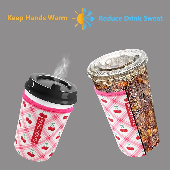 Reusable Neoprene Insulator Sleeve for Iced Coffee & Cold Soda, Coffee Sleeves for Iced & Hot Drinks, Cold Beverage Cooler Compatible with Starbucks, Dunkin (Cherry World, Small: 16-18oz)