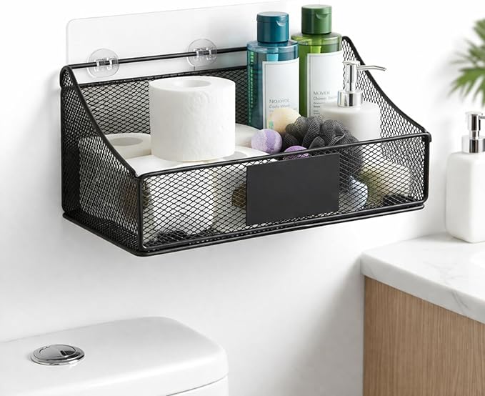 Toilet Paper Storage Basket, Metal Toilet Paper Holder, Self Adhesive Wall Mounted Bathroom Shelves with a Marker Pen, Home Organizers & Storage,Bathroom Decor and Accessories, Black