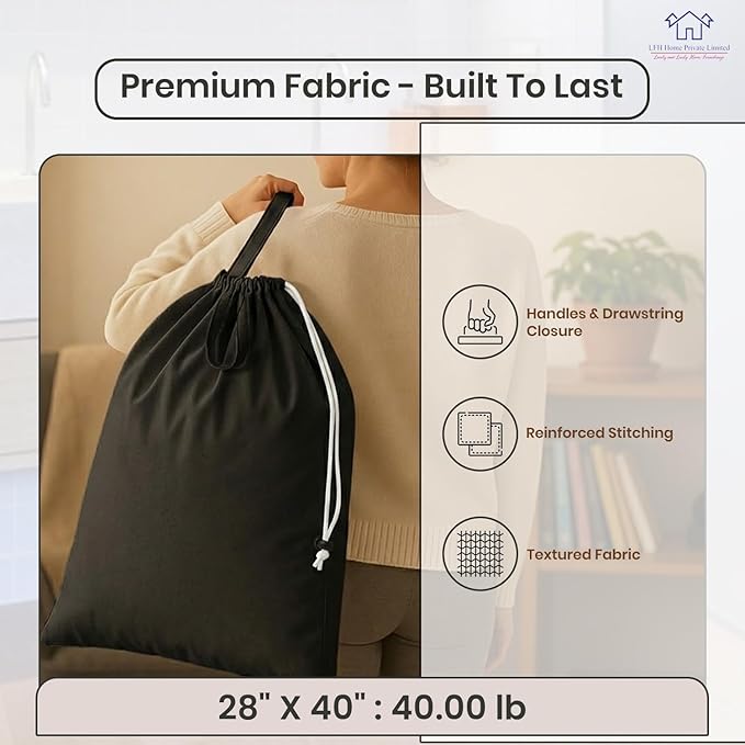 LFH Home Large Premium Cotton Canvas Laundry Bag with Drawstring and Handles Heavy Duty, Multi-Use, and Washable for Home, Travel, College or Storage 28x 40 (Pack of 6)-Black
