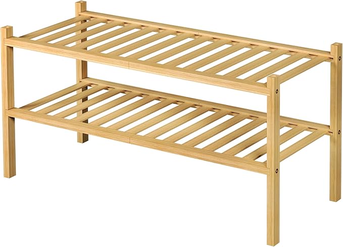 2 Tier Bamboo Shoe Rack for Closet Free Standing Wood Shoe Shelf for Entryway Small Space Stackable 27"x11"x13" (Natural)