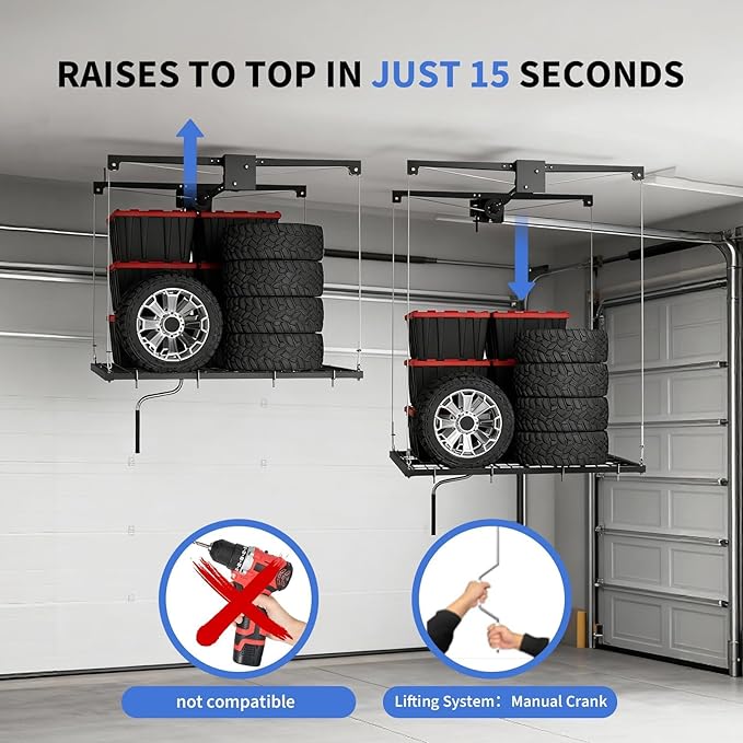 GAOMON Overhead Ceiling Storage Rack 4x4 ft,Heavy-Duty Carbon Steel Garage Lifting Rack with Manual Hand Crank, Adjustable Height, 350 Lbs Capacity, Maximizes Overhead Space for Garages, Basements