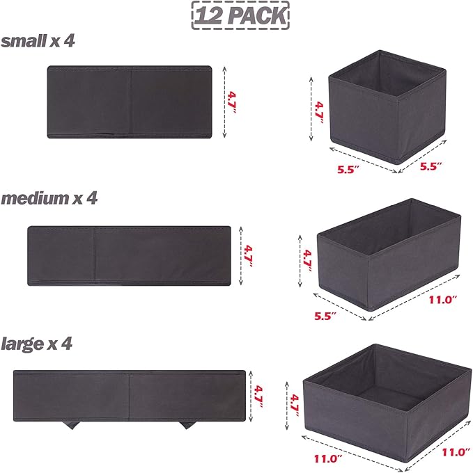 DIOMMELL 12 Pack Foldable Cloth Storage Box Closet Dresser Drawer Organizer Fabric Baskets Bins Containers Divider for Baby Clothes Underwear Bras Socks Lingerie Clothing,Dark Grey 444