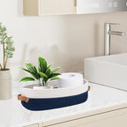 1 Pack Small Woven Storage Basket for Toilet Tank Top, Bathroom Countertop Organizer Cotton Rope Toilet Paper Storage Decorative Basket 13"x6"x4"(Navy/White)