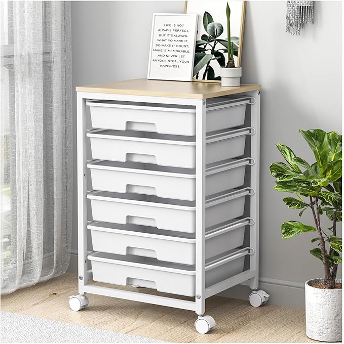 Rolling Cart with Drawers,Utility Cart with 6 Drawers,Rolling Storage Cart with Drawers and Wooden Tabletop & Lockable Wheel,White