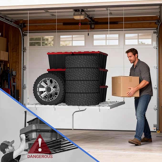 Heavy-Duty Overhead Garage Lifting Storage Rack, 4x4 ft Carbon Steel Ceiling Storage Rack with Manual Crank, Adjustable Organization System, Supports 350Lbs for Garages Workshops