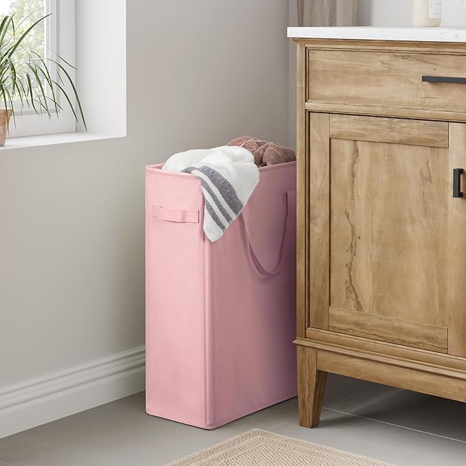 Chrislley 45L Slim Laundry Hamper Narrow Laundry Basket with Handle Foldable Dirty Clothes Portable Skinny Hamper Organizer Storage Bins (22 inches, pink)