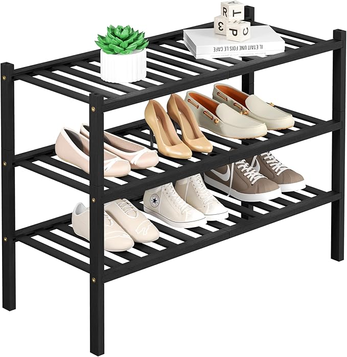 3 Tier Bamboo Shoe Rack for Closet Free Standing Wood Shoe Shelf Storage Organizer for Entryway Small Space Stackable 27"x11"x20" (Black)
