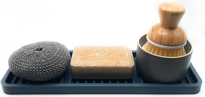Happitasa Silicone Kitchen Sink Organizer Tray, Sponge Holder and Countertop Protector | Bathroom and Kitchen Soap Dish and Dispenser Tray (Smoky Blue, 12"x4", 9.2 Ounces)