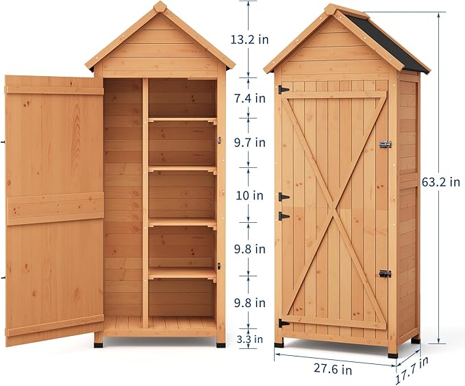 GarveeLife Outdoor Wooden Storage Shed Waterproof, 63 in Vertical Outdoor Storage Cabinet with 4 Shelves & Lockable Door, Space-Saving Garden Tool Shed for Patio, Yard, Lawn