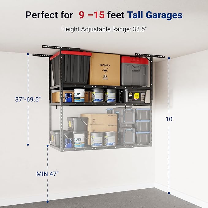 FLEXIMOUNTS 3x6 2-Tier Overhead Garage Storage Rack – Adjustable Heavy Duty Metal Garage Ceiling Storage Racks, 880 lbs Capacity – Garages Organization System for 9–15 ft Tall Garages, Black
