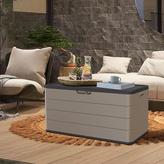 Resin Deck Storage Box, 85 Gallon Outdoor Storage Box Waterproof for Garden Storage,Patio and Backyard, Lockable Brown Color