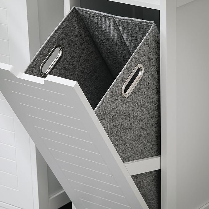 Haotian Small Tilt-Out Laundry Hamper Cabinet, Skinny Bathroom Storage Cabinet for Clothes Organization with Hidden Basket & Shelf, White BZR122-W