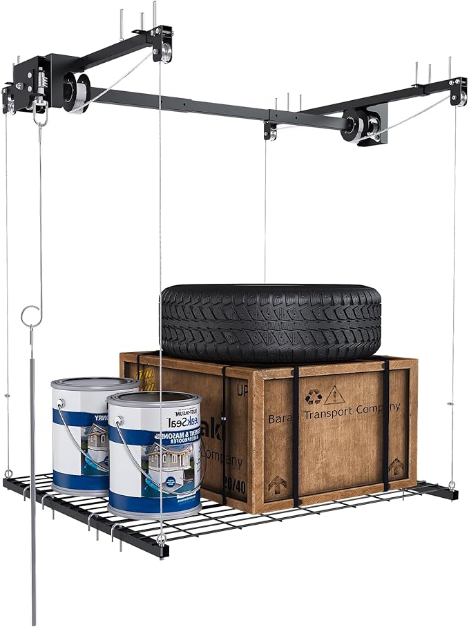 4x4 FT Overhead Garage Storage Rack for Ceilings, Heavy-Duty Metal Adjustable Ceiling Storage Racks with Safety Lock, 270LBS Mounted Rack, All-Steel Garage Organizer (4x4 FT)