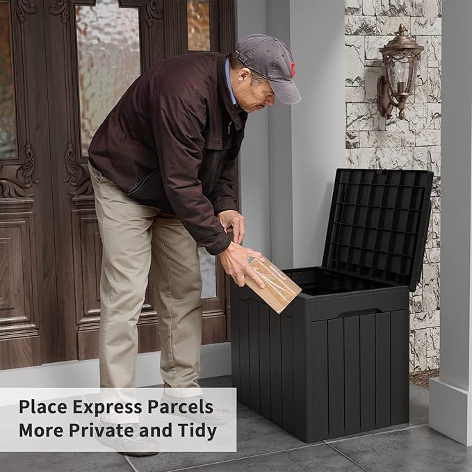 Flamaker Deck Box 31 Gallon Waterproof Resin Small Deck Box with Lid, Indoor Outdoor Package Delivery Box, Organization and Storage for Patio Furniture, Garden Tools, Outdoor Cushions (Black)