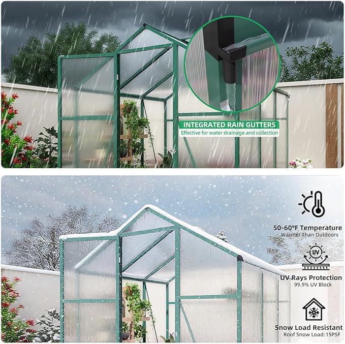 Polycarbonate Greenhouse with Rain Gutter and Roof Vent, Raised Base and Anchor Aluminum Heavy Duty Walk-in Green House, Outdoor Patio Sunroom for All Season (Green, 97*72.83*86.42in)