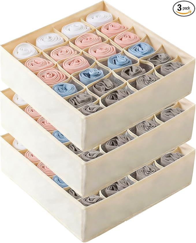Beige 24 Grid 3 Pack Foldable Underwear Sock Storage Organizer, Non-Woven Fabric Closet Drawer Divider Bins for Socks, Ties, Baby Clothes, Dresser & Wardrobe Organization Boxes (Beige 3 Pack)