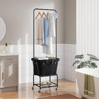 ELYKEN Laundry Cart with Hanging Rack, Rolling Laundry Hamper with Wheels, Laundry Basket with Removable Liner Bag and Shelf, Sturdy Metal Frame Dirty Clothes Basket for Hotel, Home, Closet, Dorm