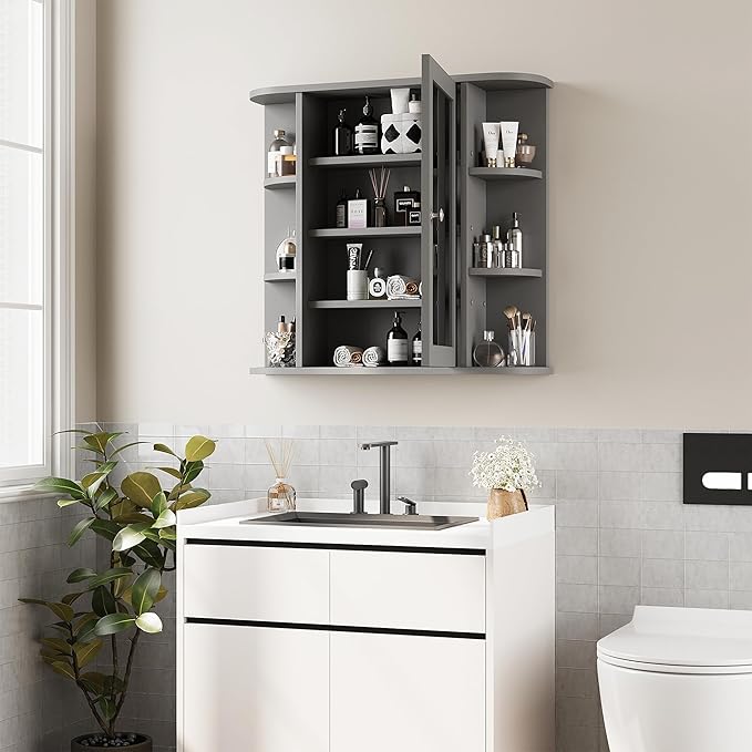 Shintenchi Bathroom Wall Cabinet with Mirror, Mounted Medicine Cabinets with 4 Internal and 6 Open Shelves, Mirrored Door Over the Toilet Storage, Gray