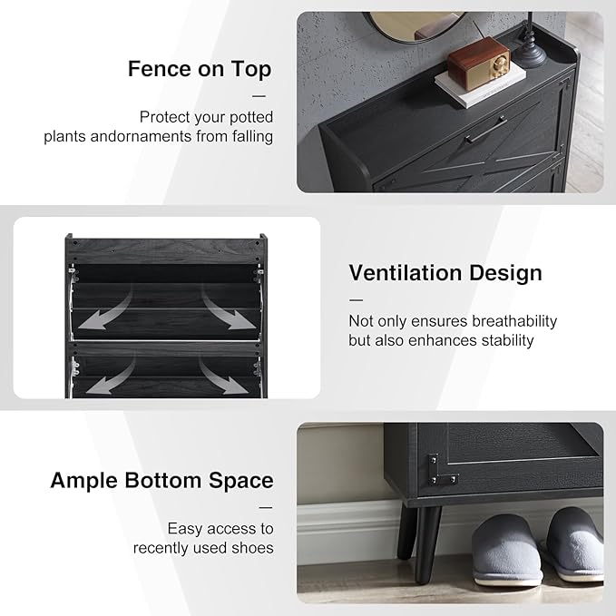 Shoe Storage Cabinet, Farmhouse Shoe Organizer with 2 Flip Drawers & Barn Door Design, Freestanding Hidden Slim Narrow Shoe Rack Cabinet for Entryway, Foyer, Hallway, Black