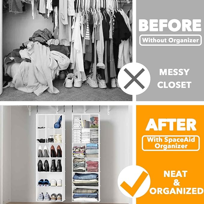 SpaceAid 2 Pack Hanging Closet Organizer and Storage with Dividers, 24 Compartments Hanging Shoe Shelves for Closet, Wardrobe, RV, Garment Rack - White