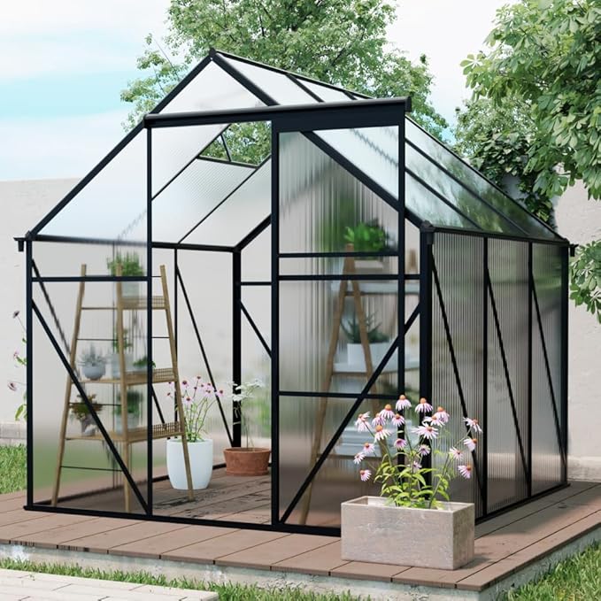 6 ft x 8 ft Aluminum Frame Greenhouse for Outdoor Use with Sloped Roof and Sliding Door for Garden Plant Protection (Black 6 * 6FT)