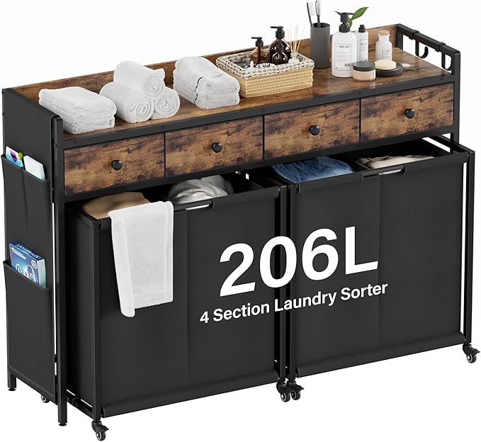 Laundry Sorter 4 Section 206L: Rolling Laundry Basket Organizer with Wheels & Shelf & Oxford Fabric Drawers - Clothes Hamper with Shelf 4 Compartment for Room Organization and Storage