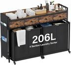 Laundry Sorter 4 Section 206L: Rolling Laundry Basket Organizer with Wheels & Shelf & Oxford Fabric Drawers - Clothes Hamper with Shelf 4 Compartment for Room Organization and Storage