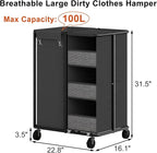 WOWLIVE Laundry Sorter with Wheels 100L Rolling Laundry Hamper with Hanging and Removable Bag Laundry Cart with Steel Frame and Storage Unit Large Basket Organizer for Dorm Room, Bathroom (Black)