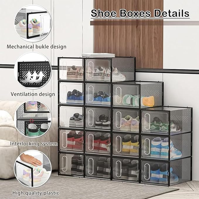 12 Packs Clear Plastic Shoebox With Magnetic Door, X-Large(14"× 10" × 7") Stackable Shoe Box Storage With Lids, Multifunctional Sneaker Containers, Toy Storage, Space-Saving Shoe Rack White