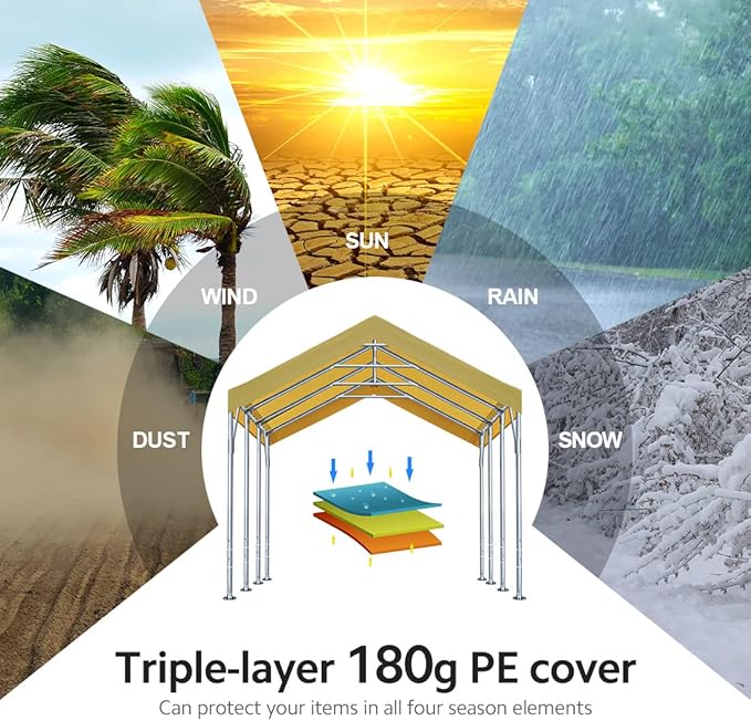 ADVANCE OUTDOOR 12x20 ft Canopy Garage Heavy Duty Carport Car Boat Shelter Party Tent, Adjustable Peak Height from 9.5ft to 11ft, Beige