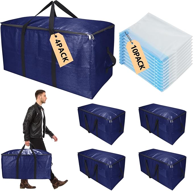 Extra Large Storage Bags Set Heavy Duty Moving Totes Strong Handles, Waterproof Dual-Way Carrying Design For Dorm Room Essentials,Christmas Storage bag(Blue,4 Moving bag & 10 Vacuum Seal Bags)