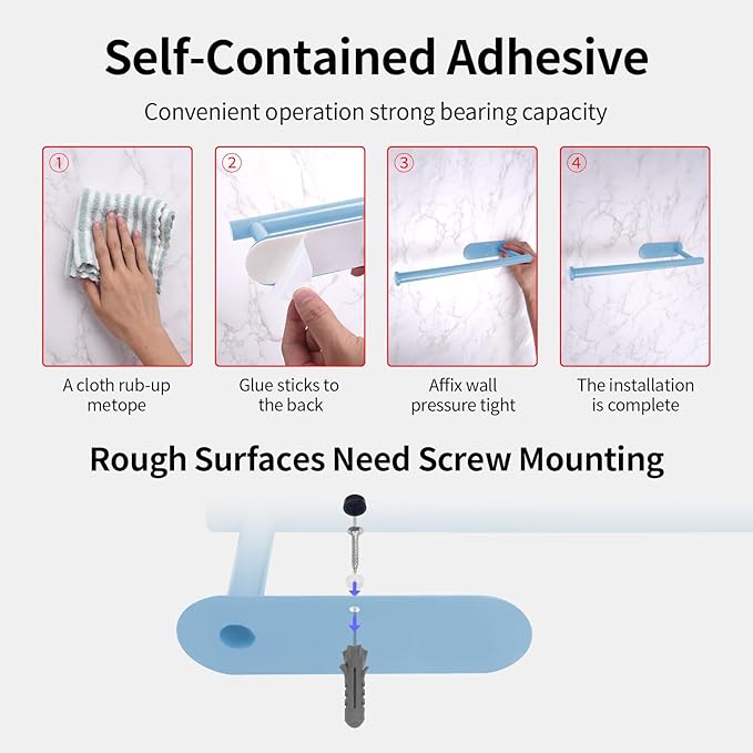 YeeBeny Blue Paper Towel Holder - Self Adhesive or Drilling, Under Cabinet Blue Paper Towel Rack, Wall Mounted Roll Holder for Kitchen