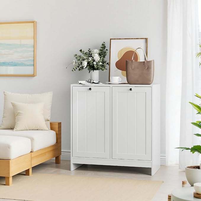 Two-Compartment Tilt-Out Laundry Sorter Cabinet,Bathroom Storage Organize Cabinet with 2 Removable Hamper Clothes Basket (White-B)