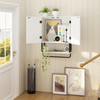 RUSTOWN Fluted Bathroom Wall Cabinet with 2 Doors, 3-Tier Modern Farmhouse Medicine Cabinet, Over the Toilet Storage Cabinet with Adjustable Shelf and Towel Bar (White, Medium)