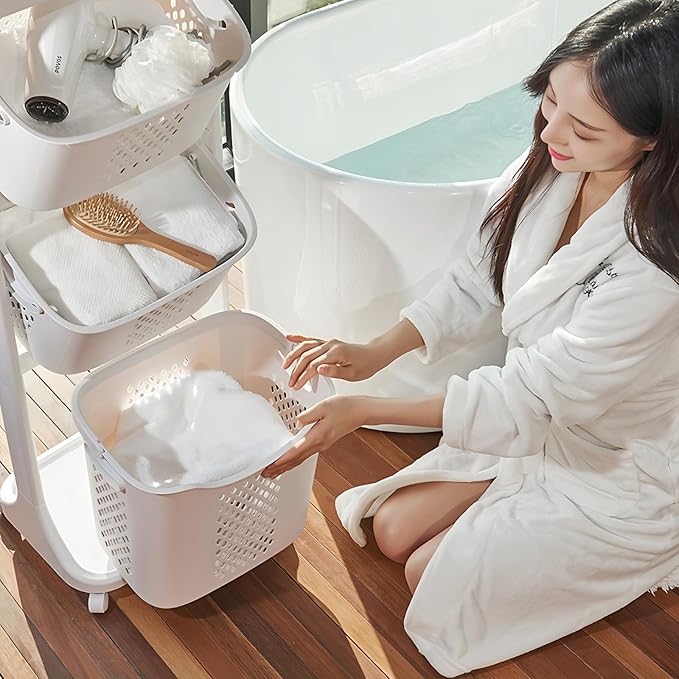 4-Tier Laundry Hamper Sorter, Laundry Storage Organizer with Wheels Removable Rolling Laundry Baskets, Bathroom Cart for Dirty Clothes, White