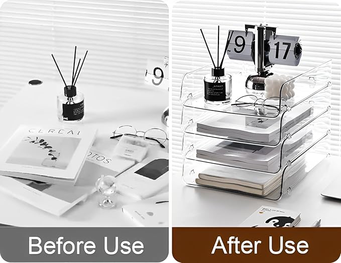 Gagee 2 Pack Paper Organizer for Desk,Clear Stackable Paper Sray Holder ﻿, Office Desk Organizer for Notes, Pens, File, Document