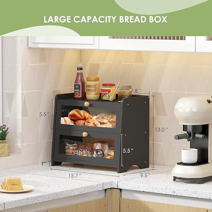 Double Layer Bread Box for Kitchen Countertop, Large Breadbox Bread Container Storage with Acrylic Door, Wooden Farmhouse Bread Holder (Black, Medim-15.7" L x 9.5" W x 13" H)