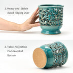Farmhouse Kitchen Utensil Holder for Countertop, Ceramic Large Cooking Utensil Crock with Cork Mat, Hollow Carving Decorative Rustic Utensil Holder for Kitchen Counter, Antique Blue