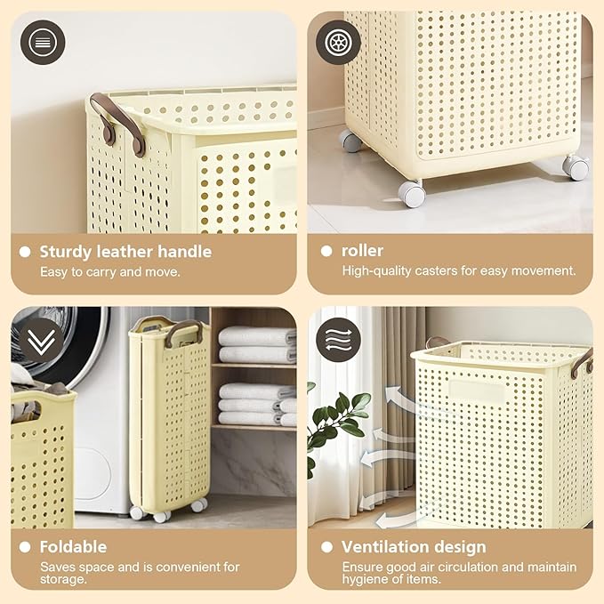 4-Tier Laundry Hamper Sorter & X-Large Foldable Laundry Hamper, Vertical Rolling Laundry Baskets with Wheels, Stackable Laundry Cart Organizer and Storage for Small Space, Closet, Bathroom