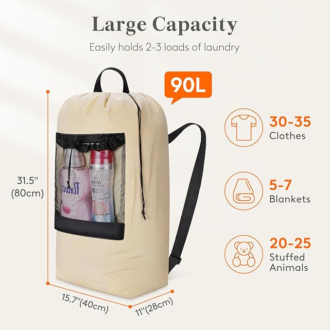 Lifewit Laundry Bag, Extra Large Laundry Backpack with Shoulder Straps and Mesh Pocket for Laundromat, Heavy Duty Laundry Bag Backpack for Dirty Clothes for College Dorm/Travel/Apartment, 90L, Khaki