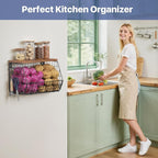 Housolution Wall Mounted Fruit Basket for Kitchen, Hanging Fruit Bowl Wire Baskets with 4 Hanger Hooks, Potato and Onion Storage, Countertop Organizer for Snack, Fruits and Vegetable Storage