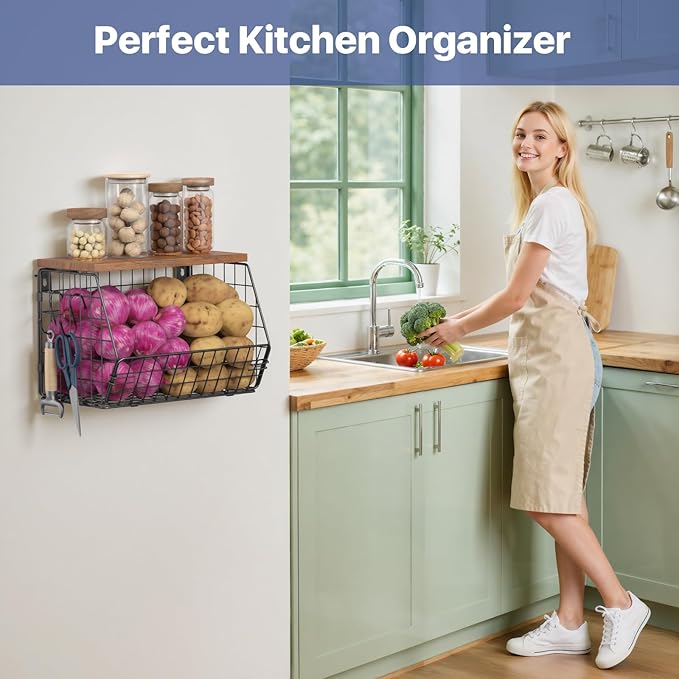 Housolution Wall Mounted Fruit Basket for Kitchen, Hanging Fruit Bowl Wire Baskets with 4 Hanger Hooks, Potato and Onion Storage, Countertop Organizer for Snack, Fruits and Vegetable Storage