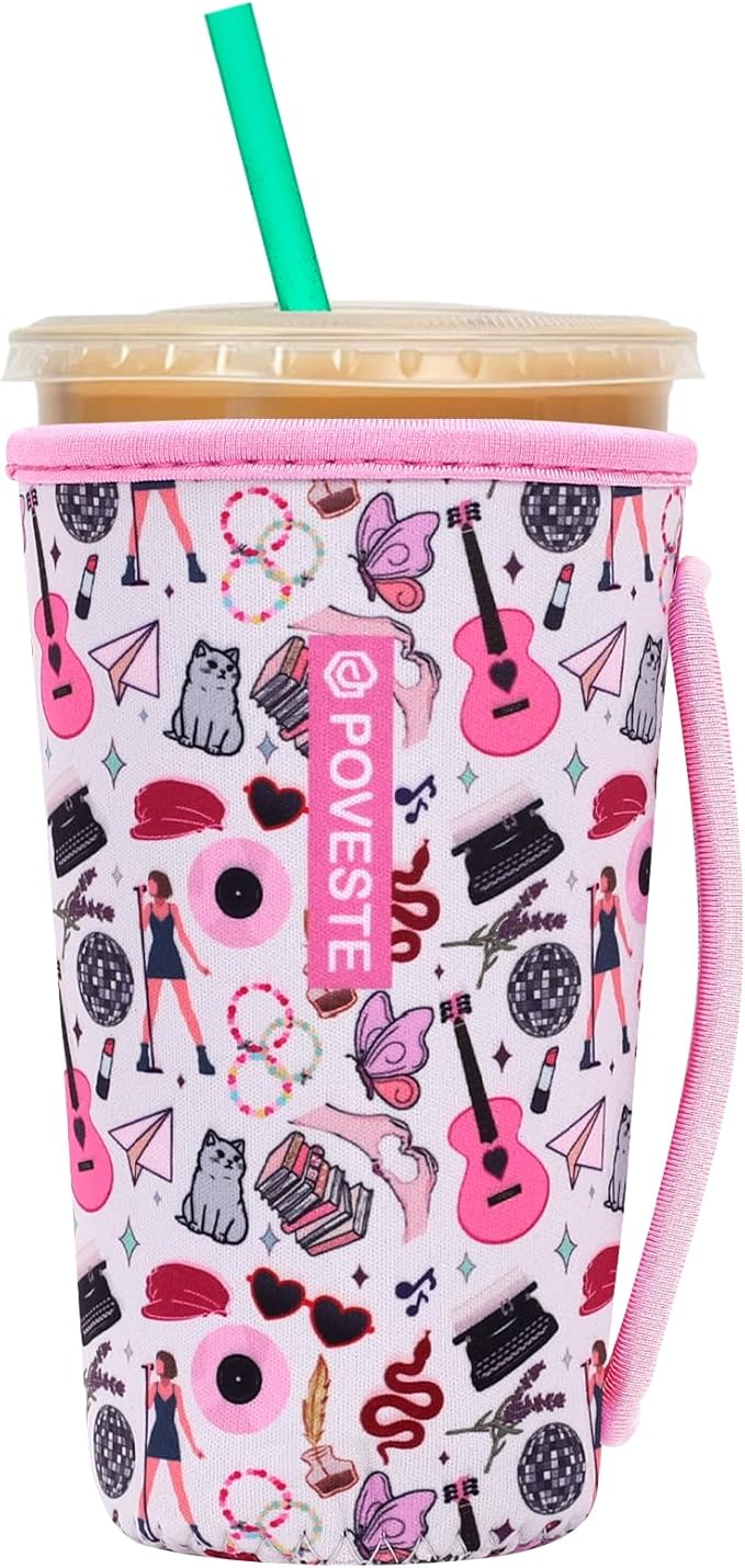 Reusable Neoprene Insulator Sleeve for Iced Coffee & Cold Soda, Coffee Sleeves for Iced & Hot Drinks, Cold Beverage Cooler Compatible with Starbucks, Dunkin (On Tour Pink, Large: 32oz)