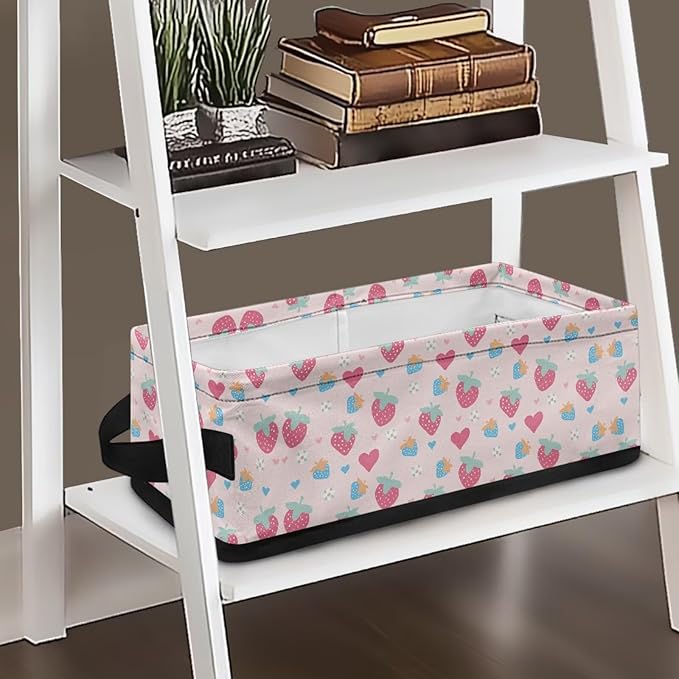 Storage Bin Organizer Collapsible Fabric Basket for Bathroom Kitchen Office Home Storage with Handles for Easy Carrying 13.89 x 7.13 x 4.37 Inch, Strawberry Love Flower Pink