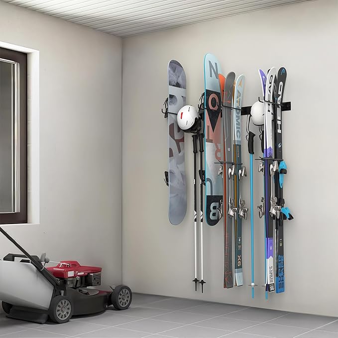 WALMANN Garage Ski Rack, Indoor Ski Hangers for Garage Ski Storage Wall Mounted Ski Holder Holds Up to 8 Pairs of Skis