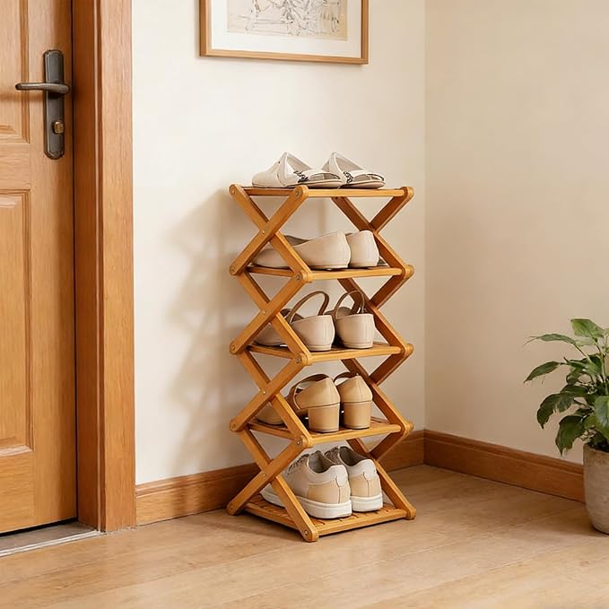 2/3/4/5/6/7/8/9 Tier Bamboo Shoe Rack - Foldable,No Installation Needed,Space-Saving Multi-Tier Storage for Indoor & Balcony Use (Yellow,8 Layers)