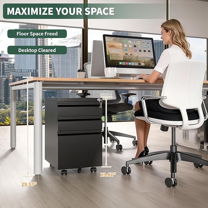 3 Drawer File Cabinet with Lock,Under Desk Rolling Small Filing Cabinet for Home Office Storage,Mobile Steel Cabinets with Wheels,Fully Assembled,Black