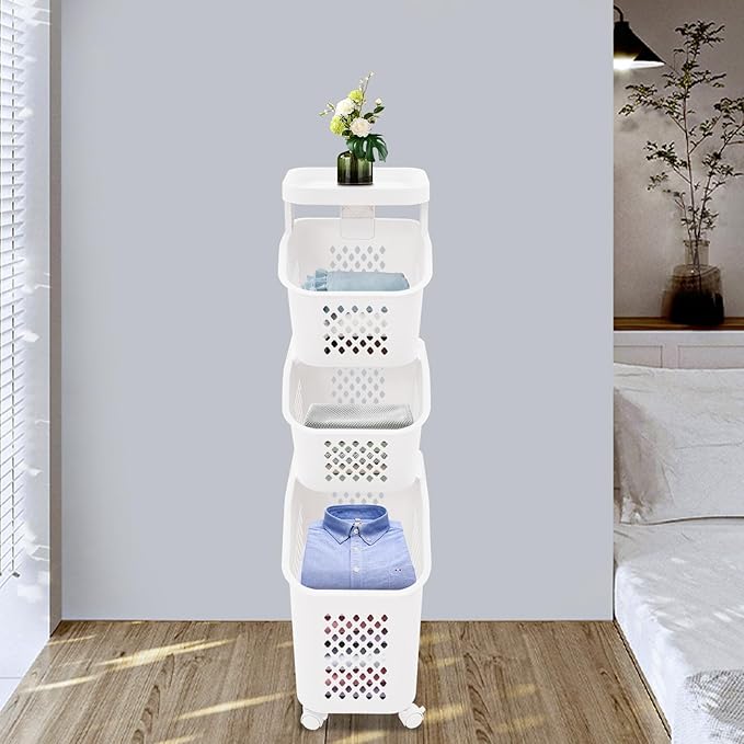 3-Tier Laundry Hamper Sorter, Rolling Laundry Baskets, Dirty Clothes Hamper for Small Space, Dorm, Closet, Bathroom (White)